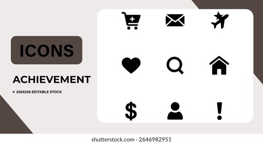 Coleção de ícones de vetor cinza simples que representam conquistas e sucesso.  Inclui símbolos para compras, adição, visualização, início, pesquisa, coração, exclamação, email e estrela. Ideal para web e app de