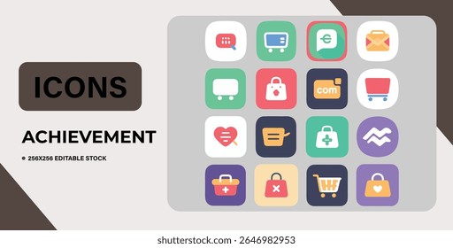 Coleção de ícones de vetor cinza simples que representam conquistas e sucesso.  Inclui símbolos para compras, adição, visualização, início, pesquisa, coração, exclamação, email e estrela. Ideal para web e app de