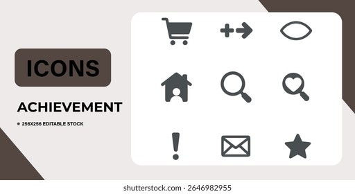 Coleção de ícones de vetor cinza simples que representam conquistas e sucesso.  Inclui símbolos para compras, adição, visualização, início, pesquisa, coração, exclamação, email e estrela. Ideal para web e app de