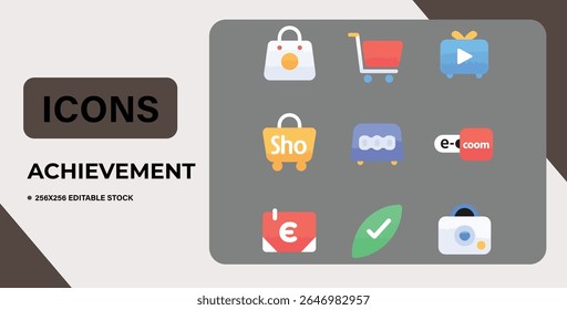 Coleção de ícones de vetor cinza simples que representam conquistas e sucesso.  Inclui símbolos para compras, adição, visualização, início, pesquisa, coração, exclamação, email e estrela. Ideal para web e app de