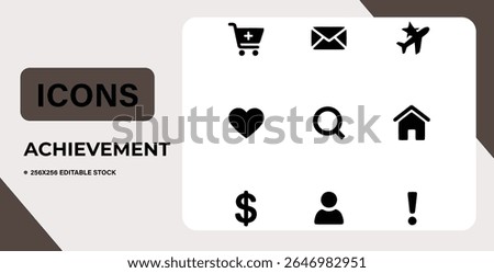 Collection of simple grey vector icons representing achievement and success.  Includes symbols for shopping, adding, viewing, home, search, heart, exclamation, mail, and star. Ideal for web and app de