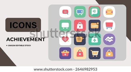 Collection of simple grey vector icons representing achievement and success.  Includes symbols for shopping, adding, viewing, home, search, heart, exclamation, mail, and star. Ideal for web and app de