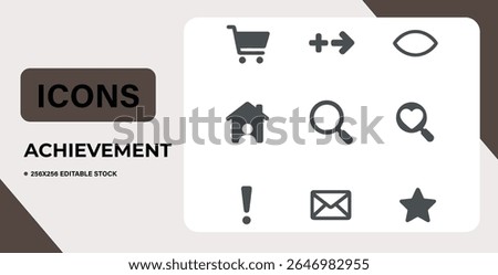 Collection of simple grey vector icons representing achievement and success.  Includes symbols for shopping, adding, viewing, home, search, heart, exclamation, mail, and star. Ideal for web and app de