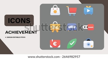 Collection of simple grey vector icons representing achievement and success.  Includes symbols for shopping, adding, viewing, home, search, heart, exclamation, mail, and star. Ideal for web and app de