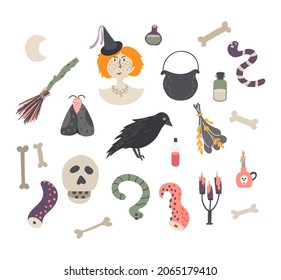 Collection of simple Halloween doodle illustrations - witch and her assistants and tools. Vector drawing isolated on white background.