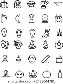 Collection of Simple Halloween Related Vector Line Icons. Contains Icons such as pumpkin, ghost, jug, tombstone and more. Editable stroke