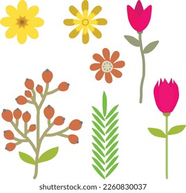 A Collection of Simple Hand Drawing of Green Leaf Plants, Flowers and Fruit.