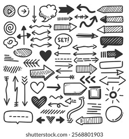 Collection of simple hand drawn elements. Grunge doodle underline, icons, emphasis, speech bubbles, arrows, love and shapes.