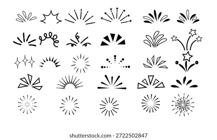 Colección de simple explosión dibujada a mano y Formas de explosión estelar en blanco y negro