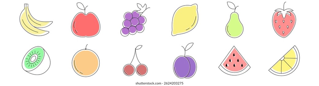 Collection of simple hand drawn fruit icons including banana, apple, grapes, and more. Ideal for healthy food or summer themes.