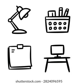 A collection of simple hand drawn office icons including a desk lamp, stationery holder, sticky note, and computer workstation.