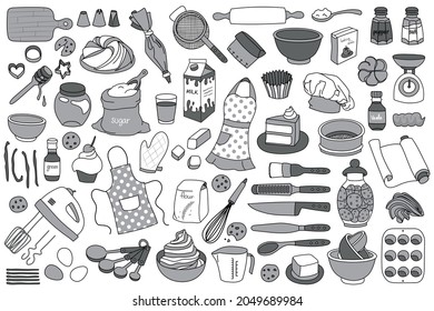 Collection of simple hand drawn vector illustrated doodles of baking tools, ingredients and elements. Black and white colored elements on a white background.