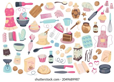 Collection of simple hand drawn vector illustrated doodles of baking tools, ingredients and elements. Bright colored elements on a white background.