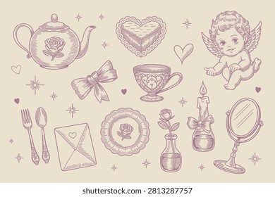 A collection of simple hand drawn vector illustrations featuring coffee cups, breakfast food, and cafe related items in a charming sketch style. Perfect for menu design, posters, and web graphics.