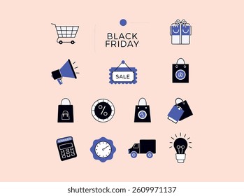 A collection of simple, hand-drawn Black Friday icons, suitable for social media graphics, website banners, or email marketing campaigns.