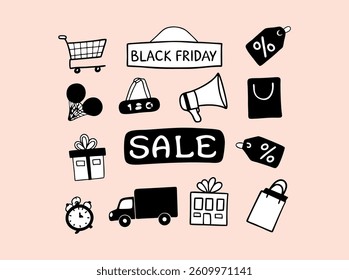 A collection of simple, hand-drawn Black Friday icons, suitable for social media graphics, website banners, or email marketing campaigns.