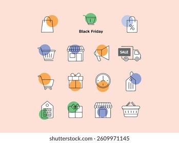 A collection of simple, hand-drawn Black Friday icons, suitable for social media graphics, website banners, or email marketing campaigns.