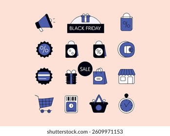 A collection of simple, hand-drawn Black Friday icons, suitable for social media graphics, website banners, or email marketing campaigns.