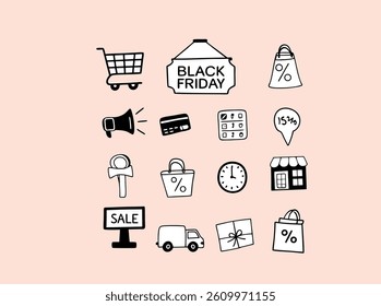 A collection of simple, hand-drawn Black Friday icons, suitable for social media graphics, website banners, or email marketing campaigns.