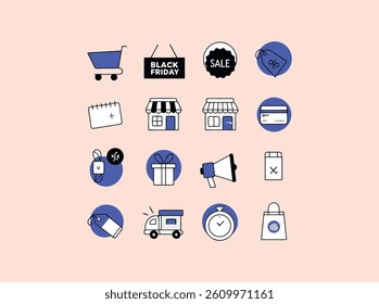 A collection of simple, hand-drawn Black Friday icons, suitable for social media graphics, website banners, or email marketing campaigns.