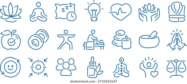 Una colección de iconos de arte de líneas azules simples dibujados a mano que representan conceptos de bienestar, salud y cuidado personal sobre un fondo blanco.