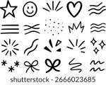 A collection of simple hand-drawn doodle icons including stars, hearts, a smiley face, waves, sparkles, and abstract shapes.