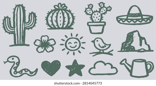 A collection of simple, hand-drawn doodle icons including cacti, a sombrero, a flower, a smiling sun, a bird, a mountain, a snake, a heart, a star, a cloud, and a watering can.