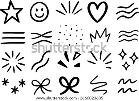 A collection of simple hand-drawn doodle icons including stars, hearts, a smiley face, waves, sparkles, and abstract shapes.