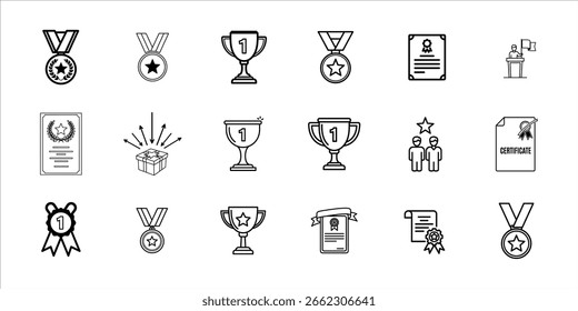 Uma coleção de ícones simples, desenhados à mão representando vários prêmios, troféus, medalhas e certificados, simbolizando conquista e vitória.