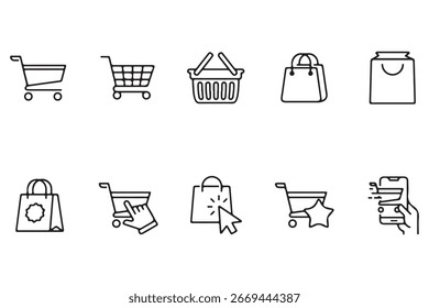 A collection of simple, hand-drawn icons representing shopping carts, baskets, bags, and online purchasing actions, perfect for web design.