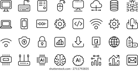 Uma coleção de ícones simples desenhados à mão que representam vários conceitos de tecnologia, como computadores, servidores, nuvem, segurança e IA.