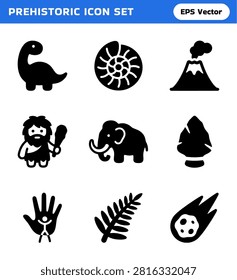 A collection of simple, hand-drawn icons representing elements from the prehistoric era, including dinosaurs, fossils, volcanoes, cavemen, mammoths, and more.