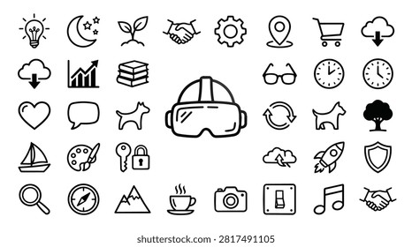A collection of simple, hand-drawn icons representing various concepts like technology, nature, business, and communication. The icons include a VR headset, lightbulb, moon, plant, handshake, gear, map pin, shopping cart, cloud download, graph, books, heart, speech bubble, dog, clock, sailboat, palette, keys, lock, refresh arrows, tree, rocket, shield, magnifying glass, compass, mountain, coffee cup, camera, switch, and music note.