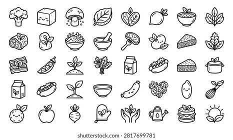 A collection of simple, hand-drawn icons representing various food items and healthy eating concepts. Includes fruits, vegetables, grains, and kitchen tools.
