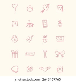 Collection of simple, hand-drawn illustrations featuring various romantic symbols, such as hearts, gifts, and balloons, suitable for Valentine's Day. 