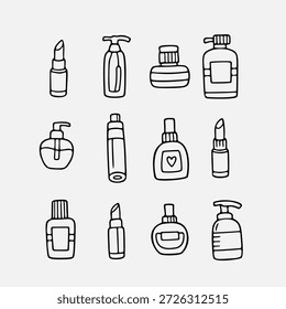 Una colección de ilustraciones simples, dibujadas a mano de varios productos de belleza y cosméticos
