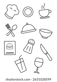A collection of simple hand-drawn kitchen and food-related icons in black and white line art style. Ideal for restaurant menus, culinary branding, cafe designs, and food-related illustrations
