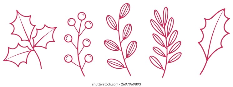 Eine Sammlung einfacher, handgezeichneter Illustrationen von festlichen botanischen Elementen wie Holly- und Beerenzweigen in einem lebendigen rosa Farbton.
