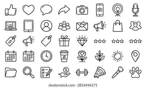 A collection of simple, hand-drawn line icons representing various concepts like social media, business, and lifestyle. Icons include a thumbs-up, heart, chat bubble, camera, smartphone, microphone, laptop, tablet, gift, diamond, stars, calendar, clock, coffee cup, rose, sun, location pin, dumbbell, pizza, and paw print.