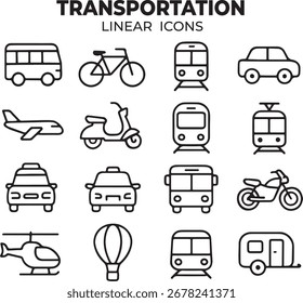 Coleção de ícones lineares simples, desenhados à mão, representando vários modos de transporte, incluindo carros, trens e aeronaves.