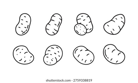 Collection of simple hand-drawn potato icons in line art style perfect for food and agriculture themes