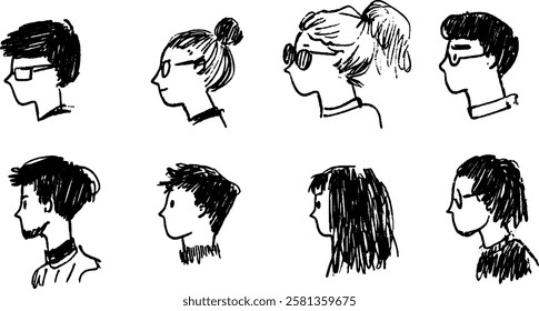 A collection of simple, hand-drawn profile sketches of diverse individuals, showcasing various hairstyles and accessories like glasses and sunglasses.