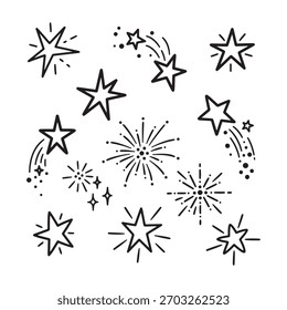 Eine Kollektion von einfachen, handgezeichneten Stern-, Funkel- und Shooting-Stern-Doodle-Elementen, ideal für kreative Designprojekte.