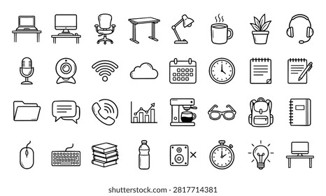 A collection of simple, hand-drawn style icons representing office and business-related items. Icons include a laptop, desktop computer, office chair, desk, lamp, coffee mug, potted plant, headphones, microphone, webcam, Wi-Fi symbol, cloud, calendar, clock, notepad, pen, folder, chat bubbles, phone, graph, coffee maker, glasses, backpack, notebook, mouse, keyboard, stack of books, water bottle, speaker, stopwatch, and a lightbulb.