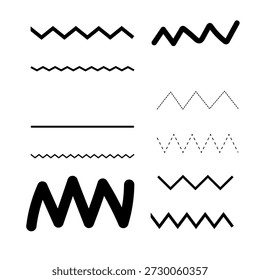 Una colección de Elementos simples dibujados a mano en zigzag y línea ondulada en negro, ideal para acentos decorativos, divisores, garabatos y uso de Diseño gráfico moderno.
