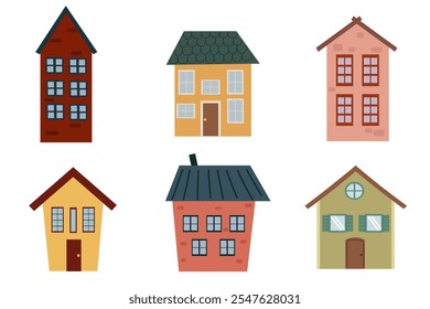 Collection of simple house buildings. Cottage, living, cartoon style. Vector simple flat design.