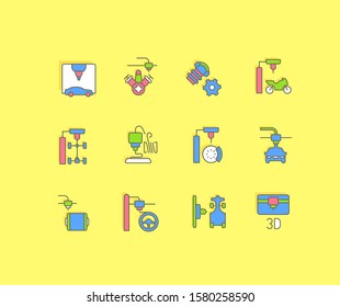 Collection simple icons of 3d cars printing on a yellow background. Modern color signs for websites, mobile apps, and concepts