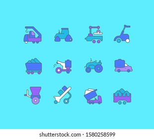 Collection simple icons of agricultural machinery on a blue background. Modern color signs for websites, mobile apps, and concepts