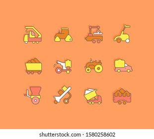 Collection simple icons of agricultural machinery on an orange background. Modern color signs for websites, mobile apps, and concepts