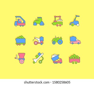 Collection simple icons of agricultural machinery on a yellow background. Modern color signs for websites, mobile apps, and concepts